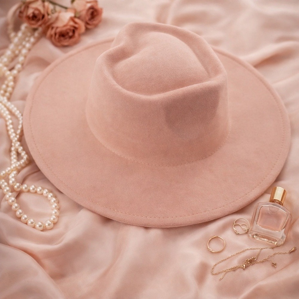Dusted Pink Heart Crown Fedora Hat | Wide Brim Stiff Suede | Romantic Boho